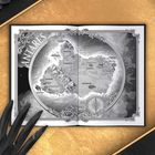 Text: "Antares". Eine künstlerische Karte mit dekorativen Elementen und einer Kompassrose. Auf dem Tisch ist eine Pflanze.