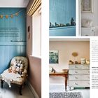 Text links: "THIS PAGE In comparison with the muted shades..."
Text rechts oben: "ABOVE LEFT A procession of vintage German tin animals..."
Text unten rechts: "I love the contradiction of Sophie’s home and lifestyle..."

Links blaue Wand mit Kinderbett und alten Kuscheltieren.