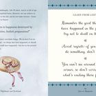 Links steht: „Wie oft wird das Glück durch Planung, törichte Planung zerstört!“ Darunter ist ein Strohhut. Rechts steht: „Lerne von Lizzy: Erinnere dich an das Gute. Vermeide Reue. Sorge nicht um die Zukunft.“