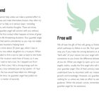 Texte: "A helping hand", "Free will". Beschreibung: Zwei Spalten mit Text, linke Spalte beschreibt Schutzengel-Erfahrungen, rechte Spalte über freien Willen. Engel-Flügel-Symbol oben rechts.