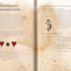 "Friendship and Relationship Spells." Zwei Zaubersprüche und Zutatenlisten, mit Illustrationen von Pflanzen und Symbolen.