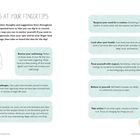„Happiness at Your Fingertips“: Tipps zur Selbstfürsorge, Respekt, Gesundheit, Routinen. Illustrationen einer Kerze, Koffer, Hut.