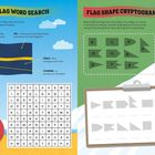 "RAISE THE FLAG WORD SEARCH" und "FLAG SHAPE CRYPTOGRAM", Wörterrätsel mit Nauru-Flagge und Kletterer neben Nepals Flagge.