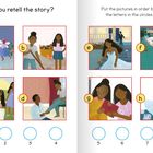 Illustration mit acht Szenen und der Aufforderung: „Can you retell the story?" Figuren in verschiedenen Situationen.