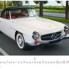 Text: "Mercedes 190 SL", "CASARES EDITION". Ein klassisches weißes Cabriolet steht auf einer Straße, Bäume im Hintergrund.