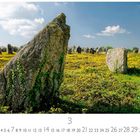 Text: "Hinkelsteine 3". Großes, flaches Feld mit stehenden Steinen, bedeckt von gelben Blumen unter blauem Himmel mit Wolken.
