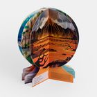 Text: "Life expanded. Then lava gushed. Most land and sea life disappeared."  
Illustration eines Vulkanausbruchs mit Lava, Blitzen und karger Landschaft.