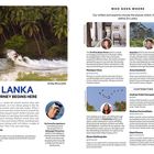 "Sri Lanka: The Journey Begins Here", "Who Goes Where", "Contributing Writers", Surfszene mit Palmen und mehrere Textblöcke.