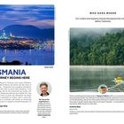 "PLAN YOUR TRIP. TASMANIA: THE JOURNEY BEGINS HERE. WHO GOES WHERE. Hobart (p44). Hobart waterfront (p56)." Links: Abendansicht von Hobart. Rechts: Mann im Kajak vor einem Wald.