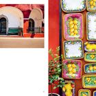 Links "AMALFI COAST", rechts bunte Teller mit Zitronenmotiven auf roter Wand. Links ein Gebäude mit Rundbögen.