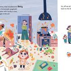 Ein fröhliches Känguru wirbelt Spaghetti in einer chaotischen Küche, während eine Familie zur Bushaltestelle geht.