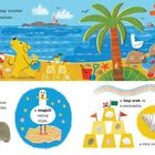 Kindgerechte Illustration am Strand mit Texten über einen Hund namens Eddie, der verschiedene Strandfunde entdeckt.