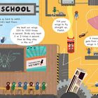 "Flight School", Texte über Fliegen, Plakate, Zeichnungen; Fliegen üben, Hinweispfeile, humorvolle Erklärungen zur Flugeffizienz.