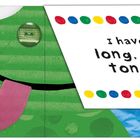 Text: "I have a long, sticky tongue." Illustration eines grünen Frosches mit einer langen, rosa Zunge. Bunte Punkte oben.