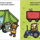 Links: Ein grüner Müllwagen mit einem Bären; rechts: Zwei Traktoren mit Tieren.