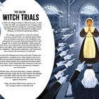 "The Salem Witch Trials" beschreibt Hexenverfolgungen 1692. Illustrationen zeigen eine Frau im Gerichtssaal, umgeben von Anklägern.