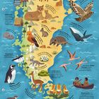 Karte von Patagonien mit Tieren, Pflanzen und Kulturen. Texte beschreiben Natur und Geschichte der Region.