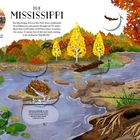 Text: "THE MISSISSIPPI. The Mississippi River in the USA..."

Herbstliche Flusslandschaft mit Bäumen, Tieren und Wasserpflanzen.