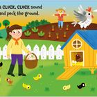 „Chickens make a CLUCK, CLUCK sound as they strut and peck the ground.“ Eine Henne, Kinderfrau, Küken und Stallansicht.