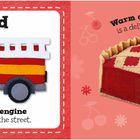 "red, Busy fire engine zooms along the street. Warm cherry pie is a delicious treat." Links Feuerwehrwagen, rechts Kirschkuchen.