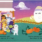Texte: „The moon is rising on Halloween night, And all of the monsters have been out for a fright. They’ve collected up sweets – blue, green and red. Now, Ghost, it’s time to get them all into bed.“ Darstellung: Kinder in Kostümen und ein Geist bei Kürbissen.