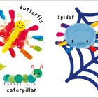 Texte: "bee", "BuGS", "butterfly", "spider", "ladybird", "caterpillar", "web". 

Illustration von bunten Insekten und Spinnennetz.