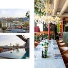 Seite 20. Oben links und unten Ansichten von Terrassen mit Stadtblick. Rechts ein elegantes Restaurant mit großem Tisch.