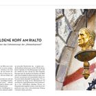 01. Salizada Pio X, Rialto. Der goldene Kopf am Rialto wacht über ein Geheimrezept. Ein goldener Männerkopf hängt an der Wand.