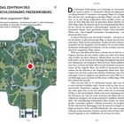**Überschrift:** Das Zentrum des Schlossparks Frederiksberg  
**Subtext:** Abseits ausgetretener Pfade  
**Adresse:** Schlosspark Frederiksberg – Frederiksberg Runddel 1A, 2000 Frederiksberg  
**Öffnungszeiten:** Ganzjährig von Sonnenauf- bis Sonnenuntergang geöffnet  
**Metro-Station:** Frederiksberg

Links ist eine farbige Karte des Parks. Rechts ist ein Text zum Park beschrieben.