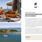 #26. Ein Tag auf einem historischen Segelschiff. Korb mit Gemüse, Segelboot vor Insel im Wasser.