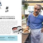 #03 UND ZWISCHENDURCH EIN BIFANA-SANDWICH. Ein Mann in blauem Pullover präsentiert ein Sandwich in einem Imbiss. Illustrationen von Töpfen links.