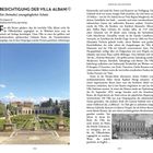 **Texte im Bild:**

-BESICHTIGUNG DER VILLA ALBANI
-Ein (beinahe) unzugänglicher Schatz
-Via Salaria 92
-fondazionetorlonia.org/visiting

**Beschreibung:**

Zwei Buchseiten mit Text und Bild eines Gartens mit Statuen und einer Villa im Hintergrund.