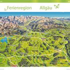 "Ferienregion Allgäu" in großen Buchstaben, Karte mit Bergen, Seen und Städten wie Füssen, Kempten, Memmingen.ö