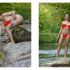 Links: p. 34, Olivia. Frau kniet am Fluss. Rechts: p. 35, Amelia. Frau steht auf einem Stein im Fluss. Beide mit Herzen bedeckt.