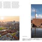 Links: "Imperial Kiln Museum, Jingdezhen City, China". Unten: Stadtansicht bei Sonnenuntergang. Rechts: Moderne Ziegelarchitektur.