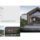 Links ist eine Architekturzeichnung. Rechts ein modernes Haus aus Glas und Beton, umgeben von Bäumen und Wiese.