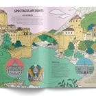 Spektakuläre Sehenswürdigkeiten: Mostar-Brücke. Unten Beschreibungen zu St. Peter's Basilica, Versailles, Hermitage Museum. Illustration einer historischen Brücke über einen Fluss, umgeben von alten Gebäuden und Bäumen.