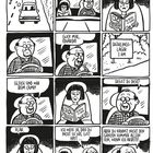 Comic: Autofahrt, Vater lenkt, Tochter liest. „Die besten US-Comics“, „Frühlingslager – 3 km“. Gespräch: Vater motivierend.