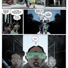 Eine Comic-Szene: Charaktere rennen durch eine futuristische Stadt, schockiert und überrascht von einer unerwarteten Entdeckung.