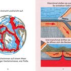 Links: "Die Erde knirscht und bricht auf." Rechts: "Manchmal stoßen sie zusammen. So entstehen Gebirge." Zeichnungen von Erdplatten.