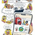 Illustration mit Texten über Angst und Phobie. Ein Comic-Stil mit Figuren, Smartphones und einer Grafik zum Thema.