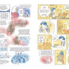 Es gibt viele Textpassagen im Comic-Stil. Links: Eine Frau spricht über internationale Einsätze und Erlebnisse. Rechts: Eine Geburtstagsfeier mit Dialogen über Hoffnung und Engagement. Bilder zeigen Personen in Gesprächen, Umarmungen und symbolhafte Szenen wie ein Flugzeug und ein rotes Kreuz.