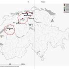 Karte der Schweiz mit markierten Standorten für heutige, geplante und experimentelle Atomkraftwerke sowie Zwischenlager.