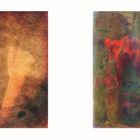 Links: Abstrakte, warme Farben, braun und orange. Rechts: Lebhafte Farbenmischung, grün und rot, abstrakte Formen.