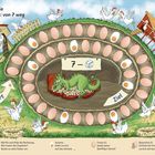 Text oben links: "Auweia Minus: von 7 weg". Unten: "Würfle und bilde die Rechnung...". Hühner und ein Drache rund um Eiern.