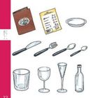 Menütext: Vorspeise 9,50 €, Hauptgericht 12,00 €, Dessert 8,00 €, Gesamt 37,50 €. Illustration von Besteck, Gläsern und einer Flasche.