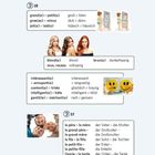 Zwei Spalten mit Adjektiven und Familienbezeichnungen auf Französisch und Deutsch, Fotos von Menschen.