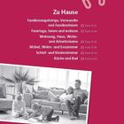 Hören und lernen. Zu Hause. Verschiedene Themen mit Track-Angaben. Logo mit Kopfhörern. Bild: Familie sitzt und spielt.