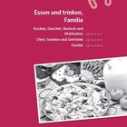 Text: "Hören und lernen. Essen und trinken, Familie. Kochen, Geschirr, Besteck und Mahlzeiten. Obst, Gemüse und Getränke. Familie." 

Bild: Schwarz-weiß Foto eines Gerichts mit Muscheln.