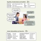 Titel: EINSTIEG: Grundwortschatz. Dialog mit Sprechblasen: Begrüßungen und Herkunft. Tabelle: Länder, Sprachen.